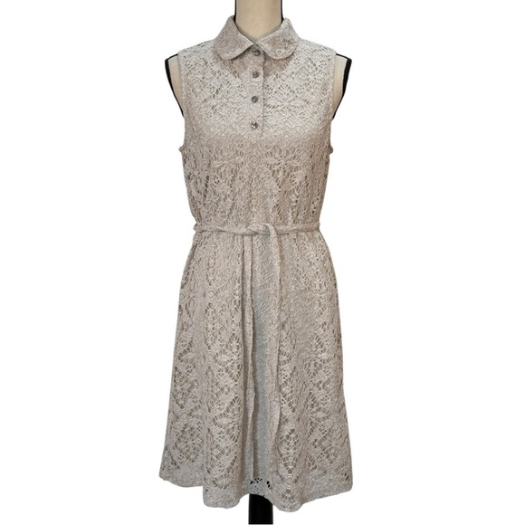 Maggy London Crochet Lace Overlay Collard Sleeveless Dress size 8 beige - Picture 1 of 15